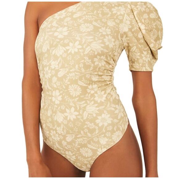 Free People Tops - Free People Bohemian  One Shoulder Puff Sleeve Floral Bodysuit Beige Women’s S